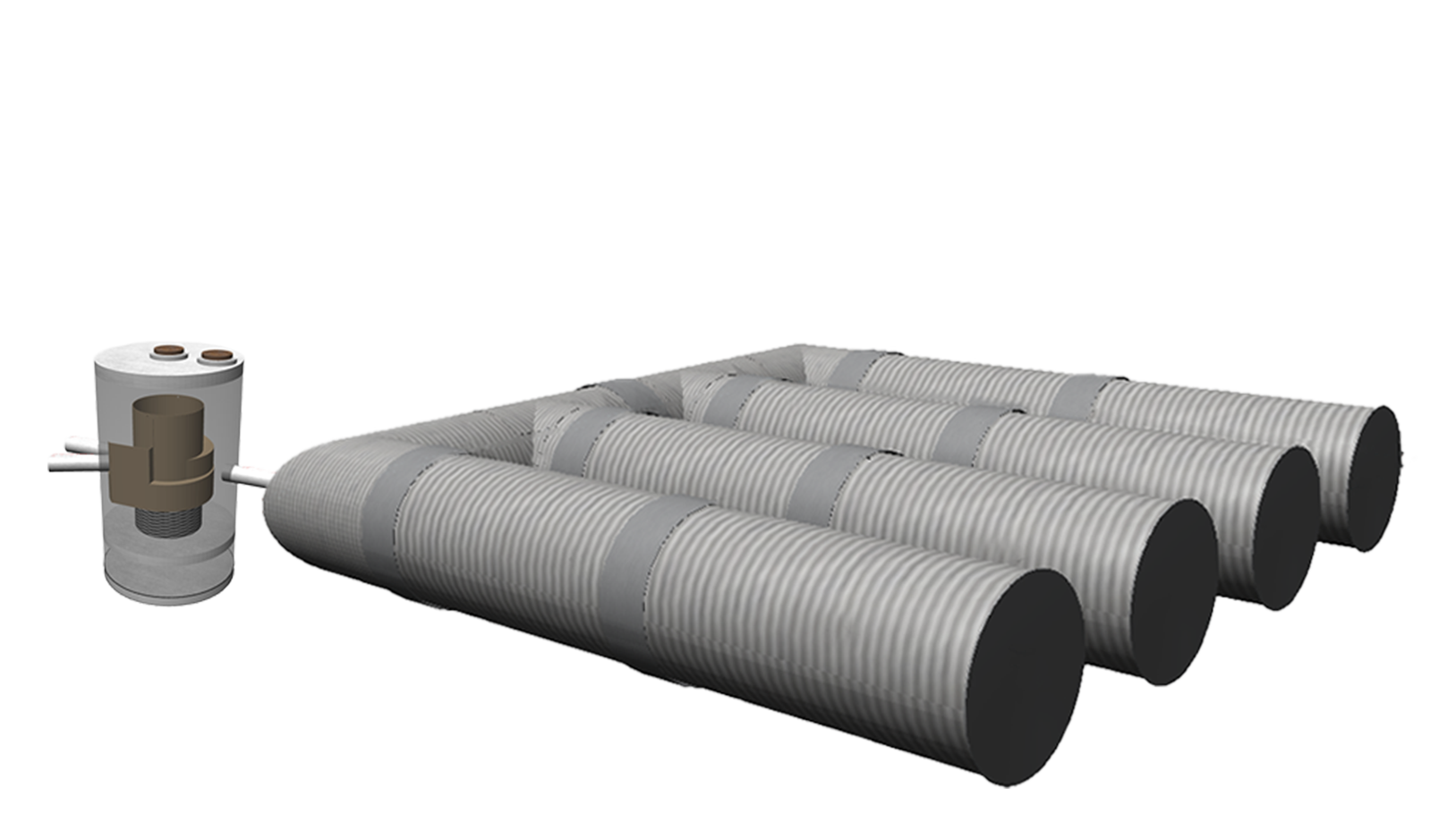 Diagram of a septic tank connected to a system of four large horizontal drainage pipes for wastewater treatment.