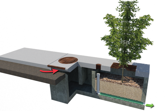Filterra stormwater bioretention system, sediment chamber configuration. 