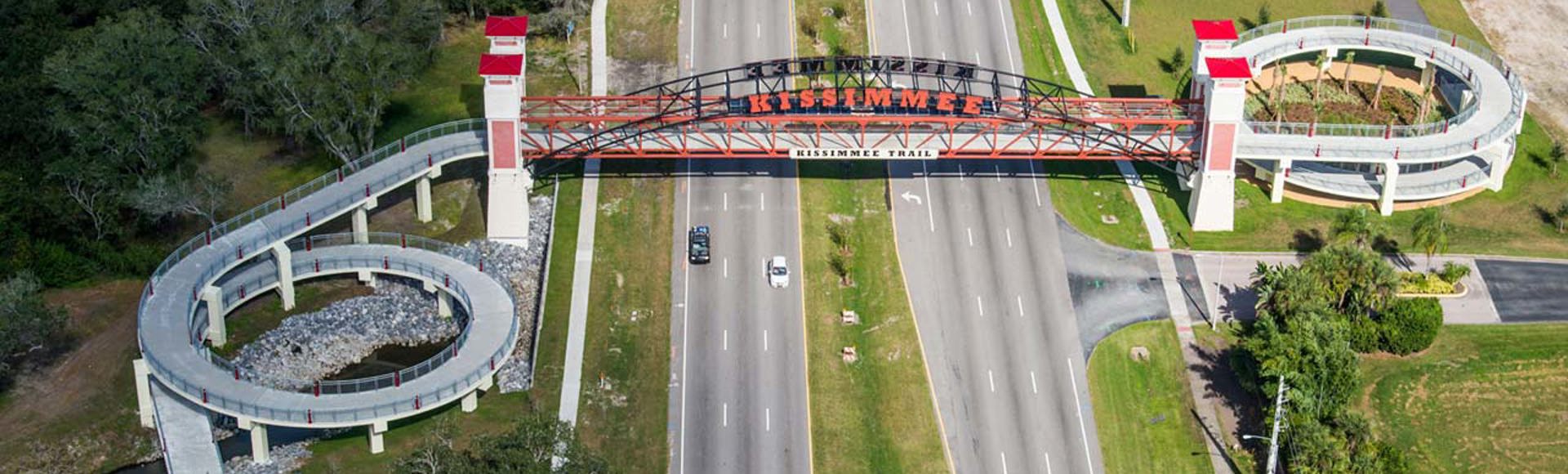 Continental pedestrian bridge over a highway. 