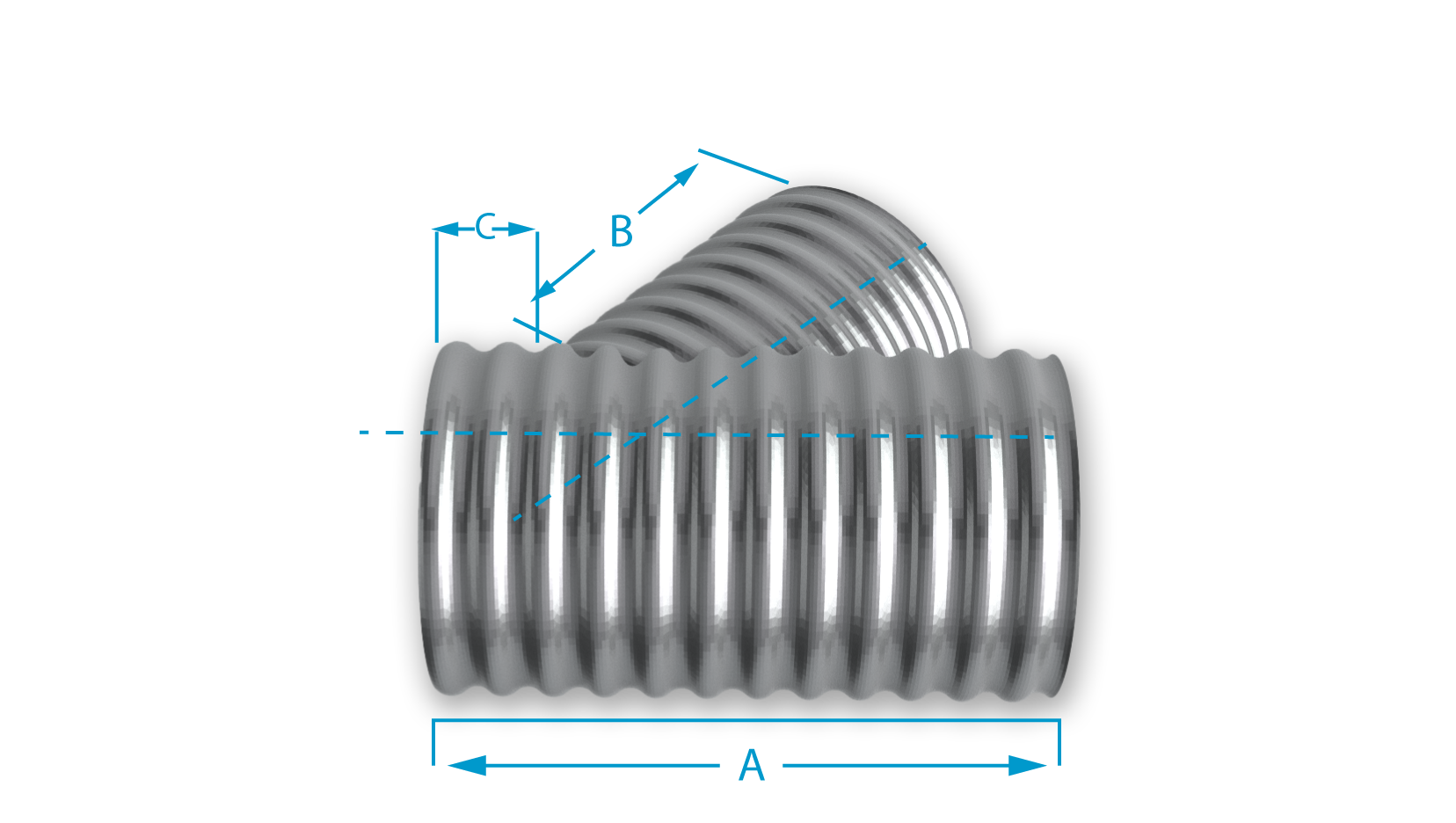 Corrugated metal pipe segment against a black background, marked with blue lines indicating dimensions A, B, and C.