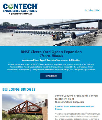 Advertisement for Contech Engineered Solutions featuring projects in Cicero, Illinois, and Thousand Oaks, California.