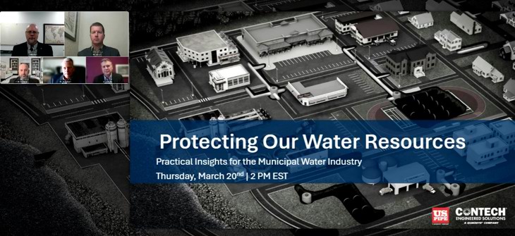 Aerial view of a municipal water facility with five speaker portraits. Text: "Protecting Our Water Resources" webinar details.