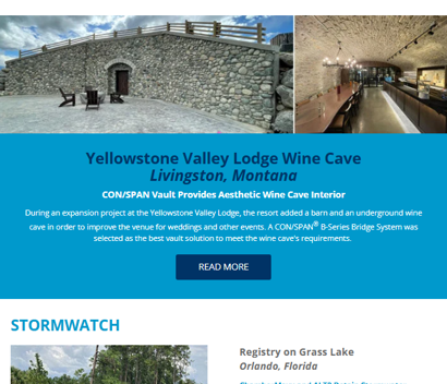Image of a newsletter featuring Contech's engineered solutions, showcasing a wine cave and stormwater management system projects.