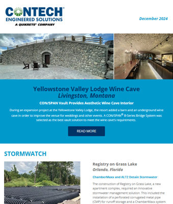 Image of a newsletter featuring Contech's engineered solutions, showcasing a wine cave and stormwater management system projects.