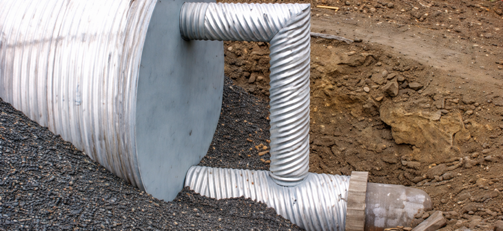 Large corrugated metal drainage pipe with a closed end and elbow joint partially buried in gravel and soil at a construction site.