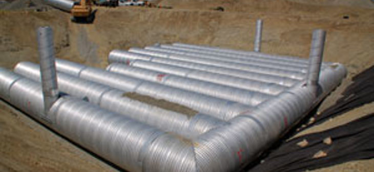 A corrugated metal pipe stormwater detention system.  