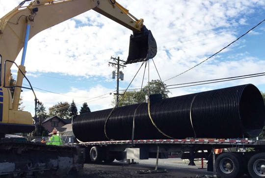 Installation of DuroMaxx steel-reinforced polyethylene (SRPE) sanitary sewer pipe. 