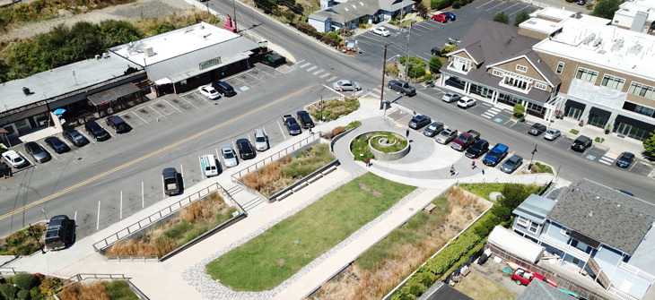 Aerial view of a the Manchester stormwater park featuring Filterra high-rate-bioretention.