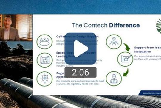 A man speaks in a video conference; a slide titled "The Contech Difference" and icons are displayed on the screen.
