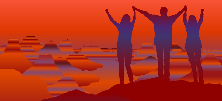 Silhouettes of three people holding hands on a mountain, with a colorful gradient sunset or sunrise in the background.