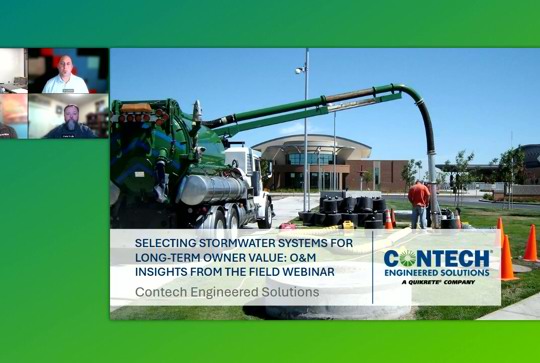 Webinar slide titled "Selecting Stormwater Systems for Long-Term Owner Value" with four speaker video call thumbnails.