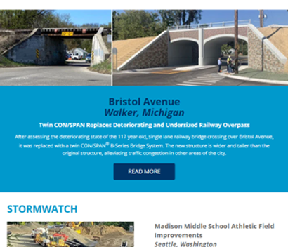 Newsletter page featuring Contech Engineered Solutions projects, including a new bridge and school field improvements.