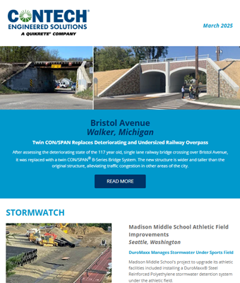 Newsletter page featuring Contech Engineered Solutions projects, including a new bridge and school field improvements.