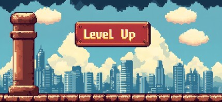 Pixelated cityscape with a brick platform and "Level Up" sign against a cloudy sky.