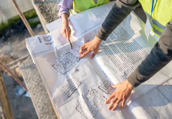 Two people in safety vests examine and point at architectural blueprints on a construction site.