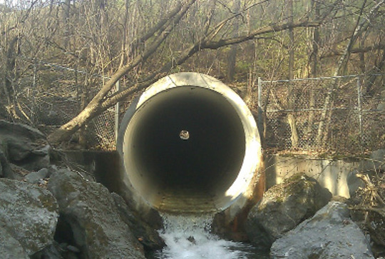 A large concrete drainage pipe with water flowing out, surrounded by rocks and a chain-link fence in a wooded area.