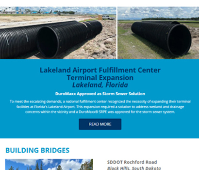 A newsletter highlights Lakeland Airport's terminal expansion and storm sewer project using DuroMaxx pipes.