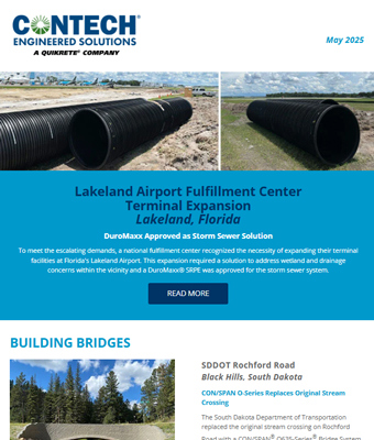 A newsletter highlights Lakeland Airport's terminal expansion and storm sewer project using DuroMaxx pipes.