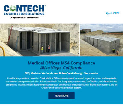 Newsletter page featuring Contech updates on medical office compliance and bridge building projects with modular systems.
