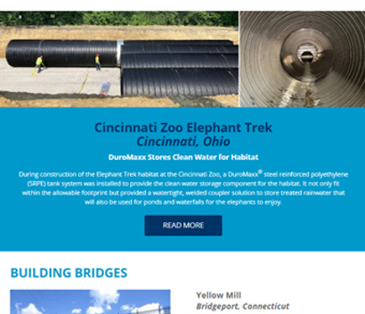 Promotional image for Contech Engineered Solutions highlighting zoo habitat construction and a bridge project in Connecticut.