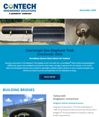 Promotional image for Contech Engineered Solutions highlighting zoo habitat construction and a bridge project in Connecticut.