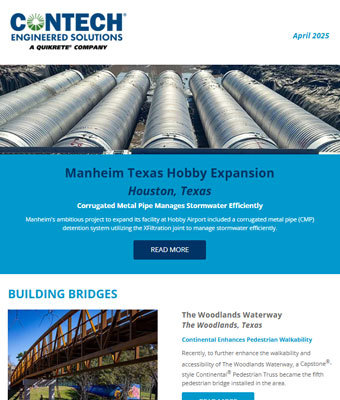 Screenshot of a CONTECH newsletter featuring stormwater pipes and a pedestrian bridge project in Texas.