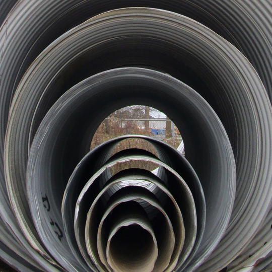 Several corrugated metal pipes nested inside each other. 