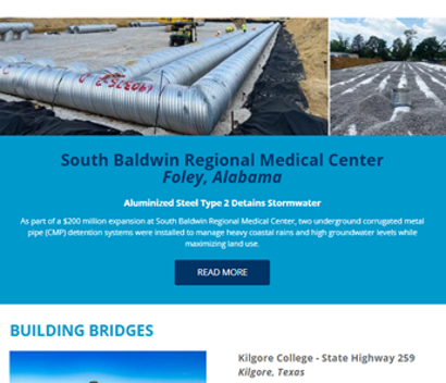 Newsletter featuring construction projects: aluminized steel pipes at South Baldwin Medical Center and Kilgore College bridge update.