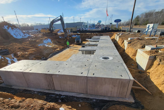 Installation of the UrbanPond concrete stormwater detention system. 