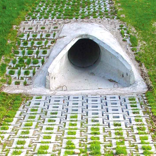 Contech Armorloc concrete interlocking blocks are used to prevent erosion at a culvert outfall. 