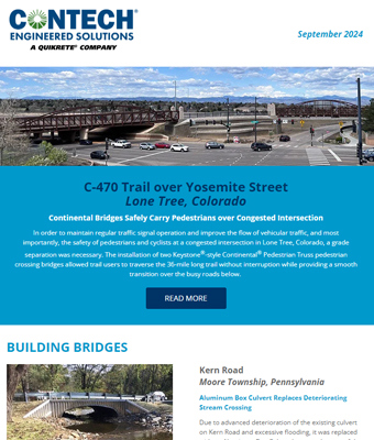 Newsletter cover featuring Contech Engineered Solutions. Main article on a pedestrian trail over a highway in Lone Tree, Colorado.